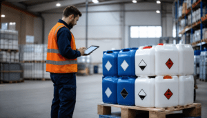Lagermitarbeiter berechnet mit einem Tablet die Punktzahl einer Palette mit Gefahrgutkanistern in einer Logistikhalle