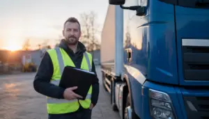 LKW-Fahrer in Warnweste steht mit Dokumentenmappe vor der Fahrerkabine eines Sattelzugs