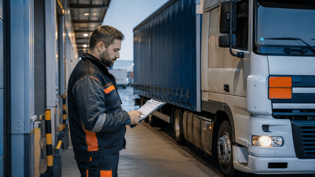 LKW-Fahrer prüft an einer Laderampe die Beförderungspapiere neben einem Gefahrgut-Sattelzug mit orangefarbenen Warntafeln