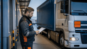 LKW-Fahrer prüft an einer Laderampe die Beförderungspapiere neben einem Gefahrgut-Sattelzug mit orangefarbenen Warntafeln