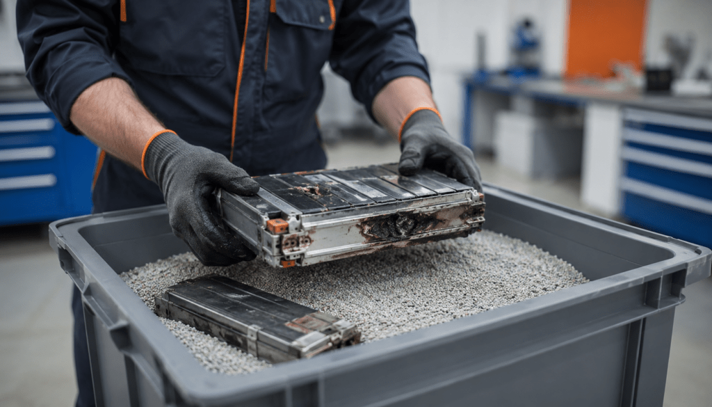 Techniker legt beschädigte Lithium-Ionen-Akkus in einen Sicherheitsbehälter mit körniger Füllung