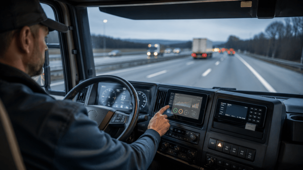 Lkw-Fahrer bedient Telematik-Display und digitalen Tachographen im Cockpit auf der Autobahn