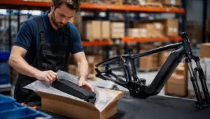 Mitarbeiter verpackt einen E-Bike-Akku mit Polstermaterial in einen Versandkarton