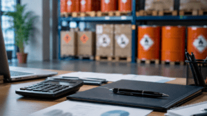 Taschenrechner und Angebotsmappe im Logistikbüro – Kosten eines externen Gefahrgutbeauftragten