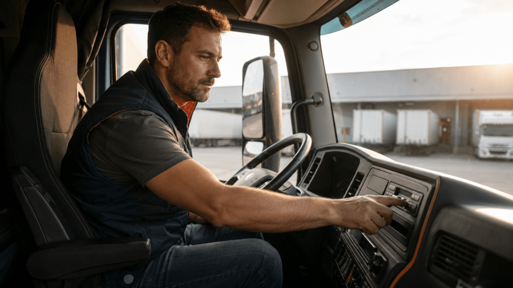LKW-Fahrer in der Fahrerkabine prüft den digitalen Tachographen – Lenk- und Ruhezeiten