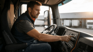 LKW-Fahrer in der Fahrerkabine prüft den digitalen Tachographen – Lenk- und Ruhezeiten