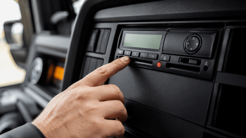 Fahrerhand bedient einen digitalen Tachographen im Armaturenbrett eines LKW