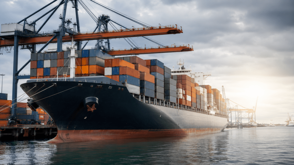 Containerschiff mit gestapelten Containern im Seehafen, Containerbrücken im Hintergrund