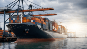 Containerschiff mit gestapelten Containern im Seehafen, Containerbrücken im Hintergrund