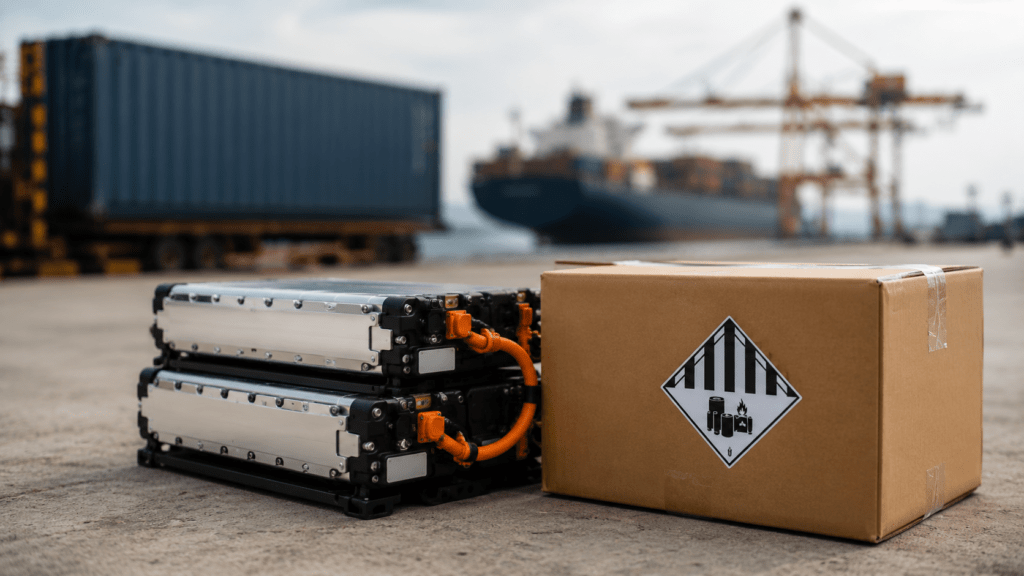Lithium-Ionen-Batteriepacks und Versandkarton mit Gefahrzettel vor Seecontainer im Hafen
