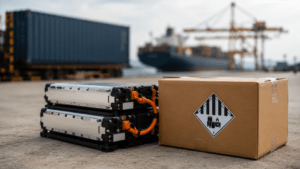 Lithium-Ionen-Batteriepacks und Versandkarton mit Gefahrzettel vor Seecontainer im Hafen