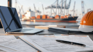 Gefahrgut-Versanddokumente und Formulare auf einem Schreibtisch mit Laptop, Containerhafen im Hintergrund