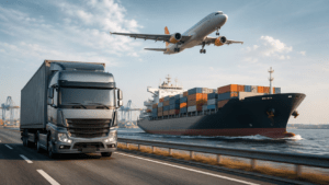 Multimodaler Gütertransport: LKW, Containerschiff und Frachtflugzeug
