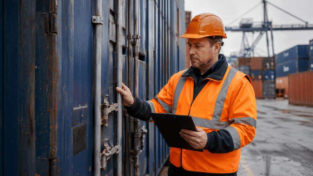 Hafenmitarbeiter mit Warnweste und Klemmbrett inspiziert einen Seecontainer am Terminal