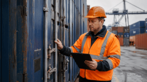 Hafenmitarbeiter mit Warnweste und Klemmbrett inspiziert einen Seecontainer am Terminal