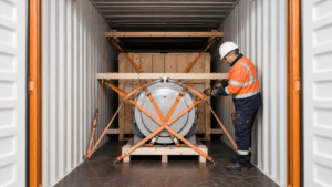 Fachgerecht gesicherte Ladung in einem Seecontainer mit Zurrgurten