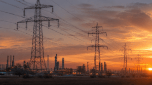 Hochspannungsmasten und Stromleitungen vor einem Industriegebiet in der Abenddämmerung