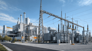 Umspannwerk mit Transformatoren und Hochspannungsleitungen neben einer Industrieanlage