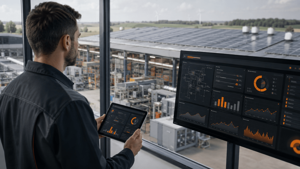 Techniker mit Tablet betrachtet ein Energie-Monitoring-Dashboard in einer modernen Industrieanlage