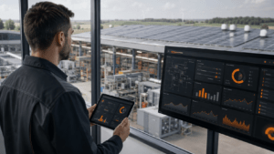 Techniker mit Tablet betrachtet ein Energie-Monitoring-Dashboard in einer modernen Industrieanlage
