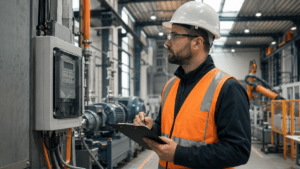 Energieauditor mit Warnweste und Klemmbrett prüft Maschinen und Energiezähler in einer Fabrikhalle