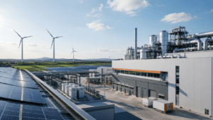 Energieeffiziente Industrieanlage mit Windrädern und Solarpaneelen