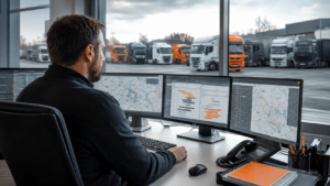 Verkehrsleiter im Büro einer Spedition an mehreren Monitoren, LKW-Flotte im Hintergrund