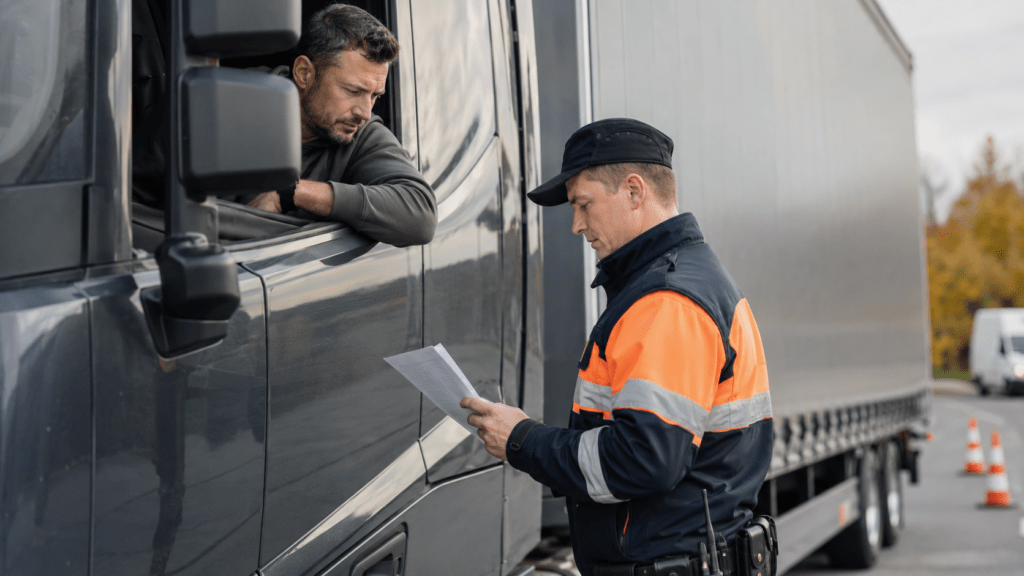 Polizeikontrolle eines LKW am Straßenrand, Kontrollbeamter prüft die Papiere des Fahrers