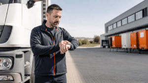 LKW-Fahrer blickt neben seinem LKW auf dem Speditionshof auf die Armbanduhr