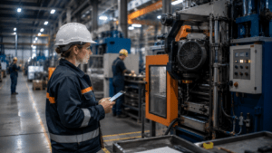 Sicherheitsfachkraft mit Schutzhelm und Tablet begutachtet eine Maschine in einer Produktionshalle