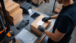 Packtisch im Versandlager mit Kartons, Etikettendrucker und einem Mitarbeiter beim Anbringen eines Etiketts