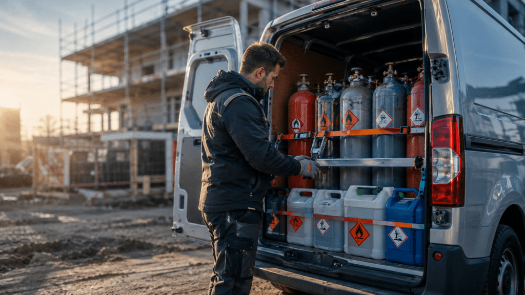 Handwerker sichert Gasflaschen und Kanister im Transporter – Befreiungen von der Bestellpflicht