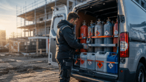 Handwerker sichert Gasflaschen und Kanister im Transporter – Befreiungen von der Bestellpflicht