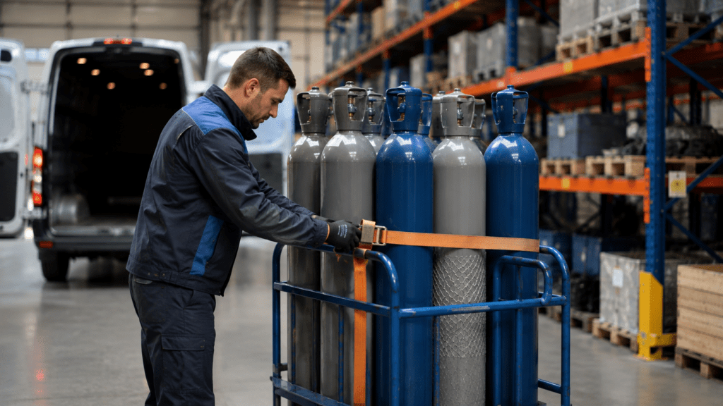 Lagermitarbeiter mit Schutzhandschuhen sichert blaue Industriegasflaschen der Gefahrgutklasse 2 auf einem Flaschenwagen vor einem Transporter.