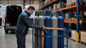 Lagermitarbeiter mit Schutzhandschuhen sichert blaue Industriegasflaschen der Gefahrgutklasse 2 auf einem Flaschenwagen vor einem Transporter.