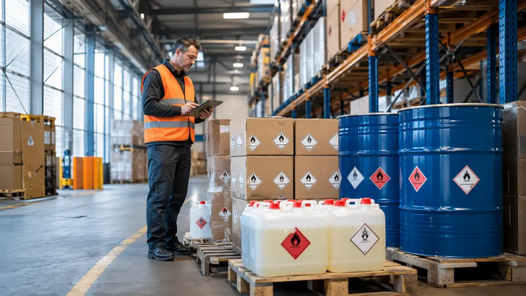 Lagermitarbeiter mit Warnweste prüft gekennzeichnete Gefahrgutversandstücke auf Paletten in einer Logistikhalle
