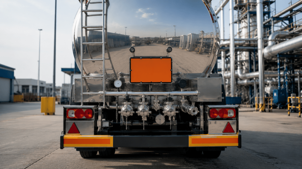 Orangefarbene Warntafel mit Gefahrnummer am Heck eines Tankfahrzeugs