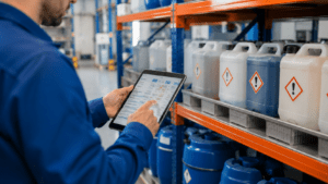 Mitarbeiter erfasst mit dem Tablet die Gebinde im Lager für das Gefahrstoffkataster