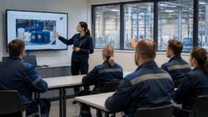 Gefahrstoffunterweisung nach GefStoffV vor Mitarbeitenden im Schulungsraum