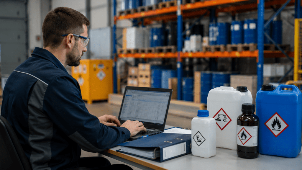 Sicherheitsfachkraft pflegt das Gefahrstoffverzeichnis am Laptop in einem Industriebetrieb