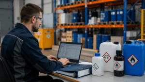 Sicherheitsfachkraft pflegt das Gefahrstoffverzeichnis am Laptop in einem Industriebetrieb