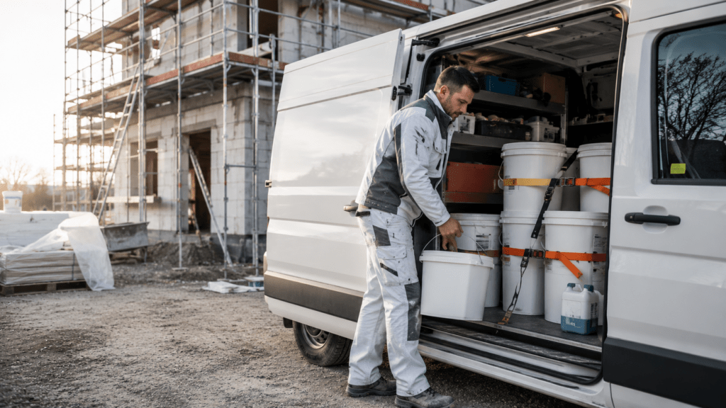Maler entnimmt Farbeimer aus verzurrtem Transporter an der Baustelle – die Handwerkerregelung im ADR