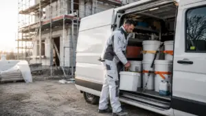 Maler entnimmt Farbeimer aus verzurrtem Transporter an der Baustelle – die Handwerkerregelung im ADR
