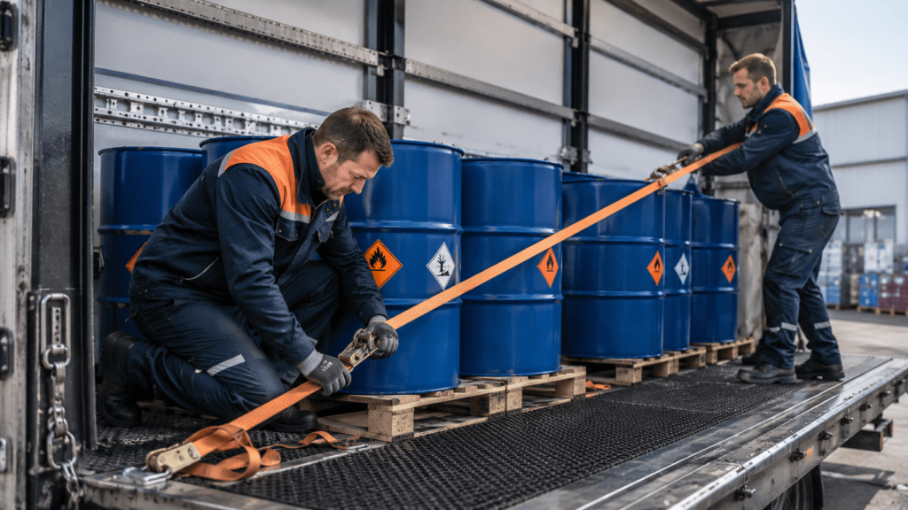 Arbeiter sichern Fässer mit Zurrgurten auf der Ladefläche – Ladungssicherung beim Gefahrguttransport