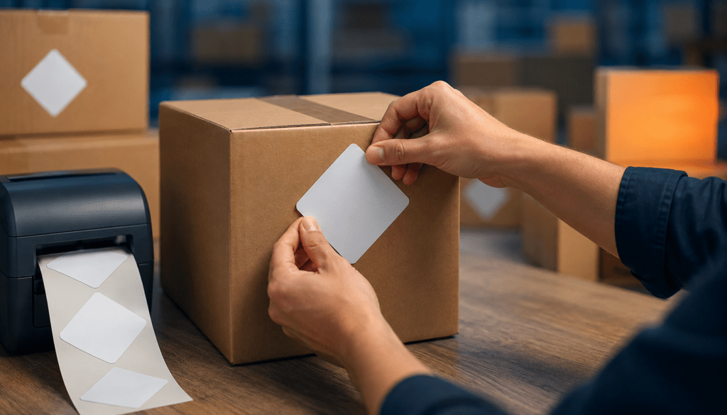 Hände bringen ein rautenförmiges Kennzeichen auf einem Versandkarton an einem Packtisch an