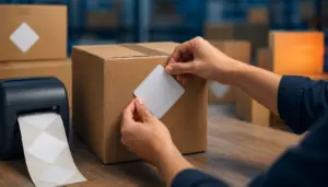 Hände bringen ein rautenförmiges Kennzeichen auf einem Versandkarton an einem Packtisch an