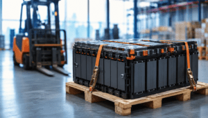Batteriemodule stehen gesichert auf einer Palette in einer Lagerhalle