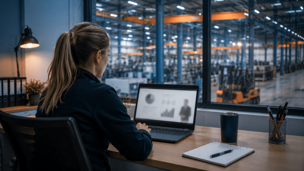 Mitarbeiterin nimmt am Laptop im Buero eines Industriebetriebs an einer Online-Unterweisung teil