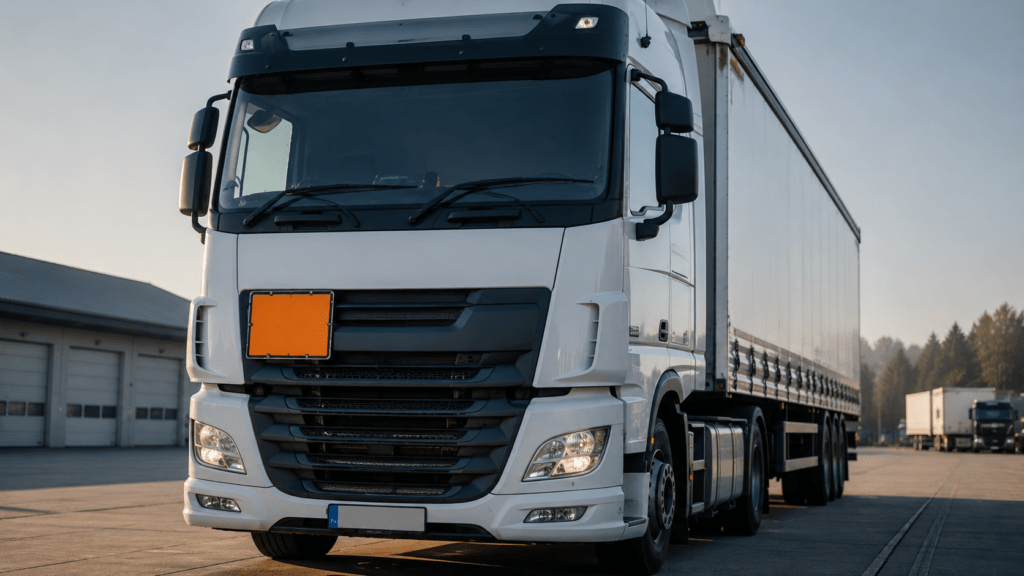 Orangefarbene Warntafel an der Front eines Gefahrgut-LKW auf dem Betriebshof