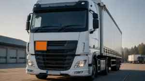 Orangefarbene Warntafel an der Front eines Gefahrgut-LKW auf dem Betriebshof